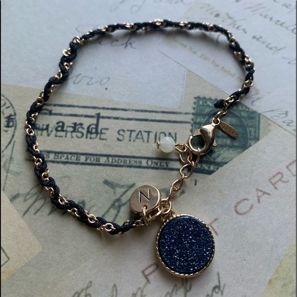 SHB SHOFEL BROS Black Druzy Letter “N” Charm Gold Tone Bracelet Woman’s Jewelry